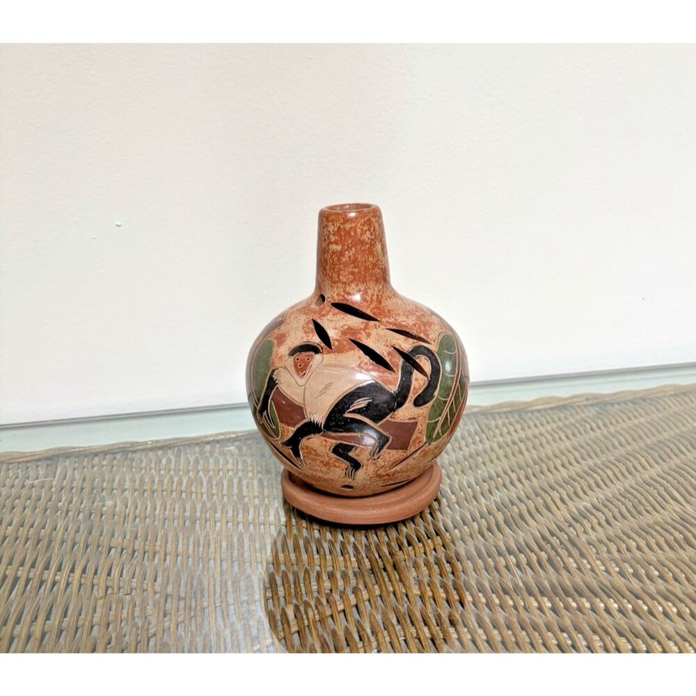 Vintage Mexican Tonala Hand Painted Monkey & Tropical Fruit Incense Burner Vase